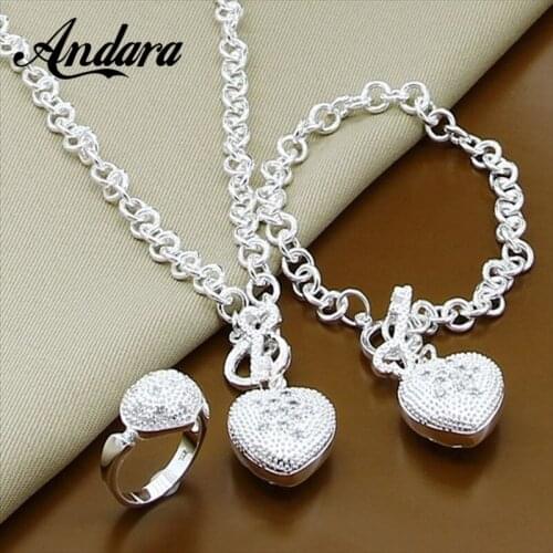 925 Sterling Silver Heart Shaped Key Necklace Bracelet Ring Luxury Bridal Wedding Jewelry Sets Free Shipping