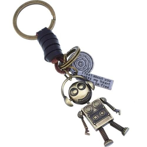 Jessingshow Punk Cartoon Robot Pendant Genuine Leather Keychain For Men Cowhide Key Ring Car Key Chain Waist Accessory