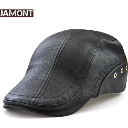 JAMONT 100% PU Leather Newsboy Cap Winter Berets Male Warm Visors Cap Fashion Letter Snapback Caps for Men Bone Gorras Casquette