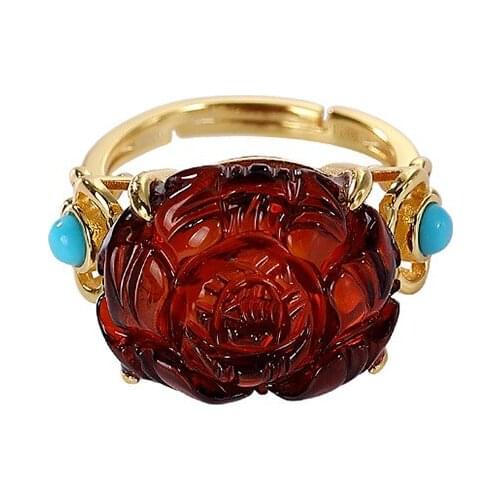 S925 sterling silver gold-plated natural blood amber turquoise ring personalized Ruyi peony open ring