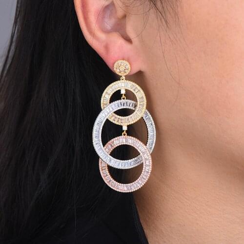 LARRAURI Luxury Three Round Shape Dangle Earrings Shiny Multicolor Cubic Zirconia Women Wedding Engagement Dress Big Earrings