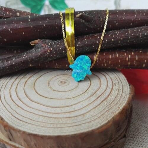 MOQ=1PC Free Shipping OP73 Blue 11*13mm Synthetic Opal Hamsa/Hand 925 Silver Gold Chain Opal Necklace with High Quality