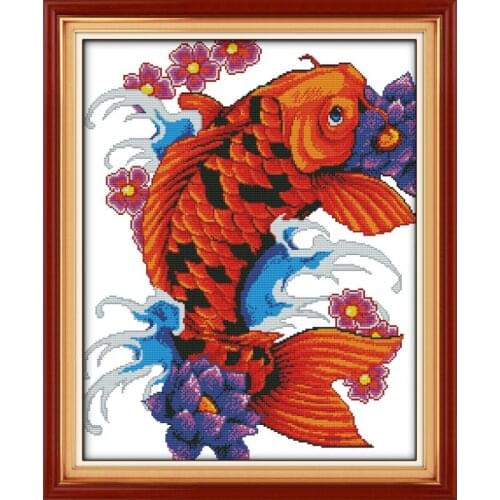 Joy Sunday Colorful Auspicious Fish Kits for Embroidery Cross Stitch Printed on Canvas Pattern 11&14CT Cloth Handmade Needlework