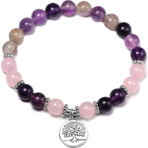 Natural Purple Fluorite Yoga Bracelet Fashion Girl`s Rose Quartz Chakra Jewelry Cleansing Healing Crystals Bracelet Wrist Gift
