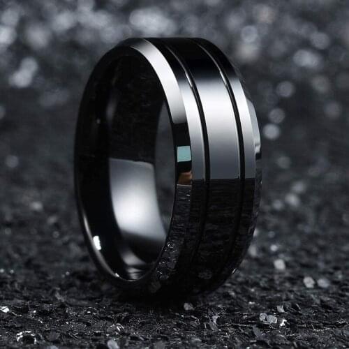 Popular 8mm Tungsten Carbide Steel noble black double groove smooth ring. The charm of men. Fashion trend engagement accessories