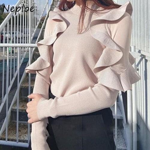 Neploe O Neck Pullover Long Sleeve Knit Sweater Women Ruffles Patchwork Slim Fit Pull Femme Spring 2021 New Sueter Mujer