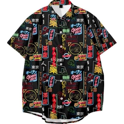 Fashion Blouse Men Summer Shirt Short Sleeve Turn-down-collar Shirt Male Tops Casual Black Print Clothing