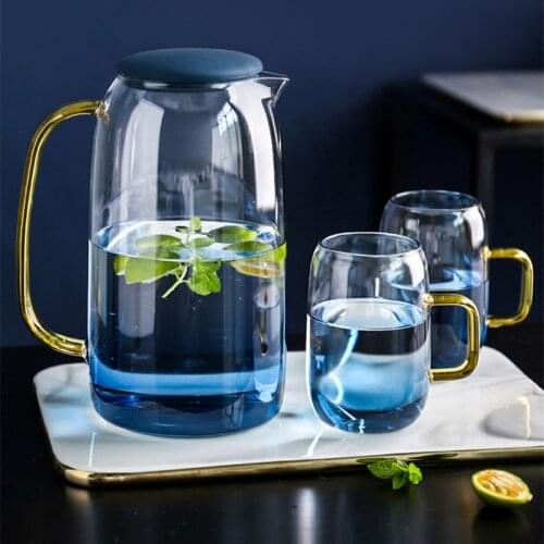 Glass water ware Gradient blue transparent Gold handle 1.4L Cold kettle cup Coffee tea set bar decoration Home kitchen Supplies