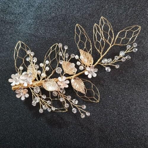 SLBRIDAL Golden Crystal Rhinestone Pearls Flower Wedding Hair Clip Barrette Bridal Headpiece Hair Accessories Women Hair Jewelry