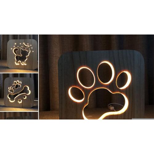LED USB Night Light Wooden Dog Paw Cat Wolf Head Animal Lamp Novelty Kid Bedroom 3D Decoration Table Lights Child Gift