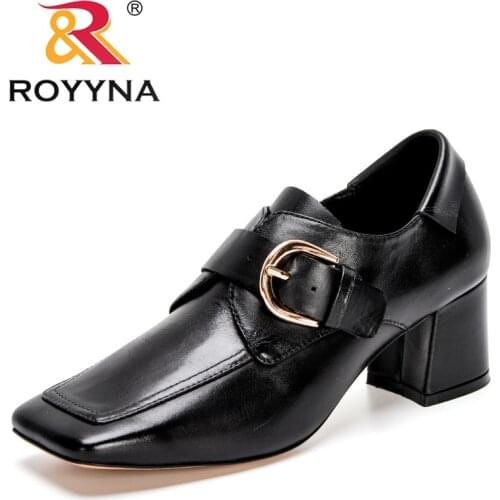 ROYYNA 2021 New Designers Genuine Leather Pumps Block Stable High Heels Female Classic Buckle Thick Pumps Lady Office Dress Shoe