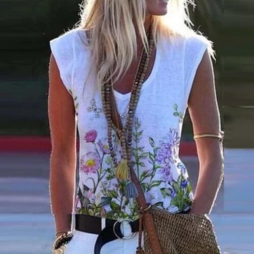 Sleeveless Blouse Women 2021 Summer Vintage Floral Print Shirt Elegant V-Neck Pullover Female Casual Loose Tops
