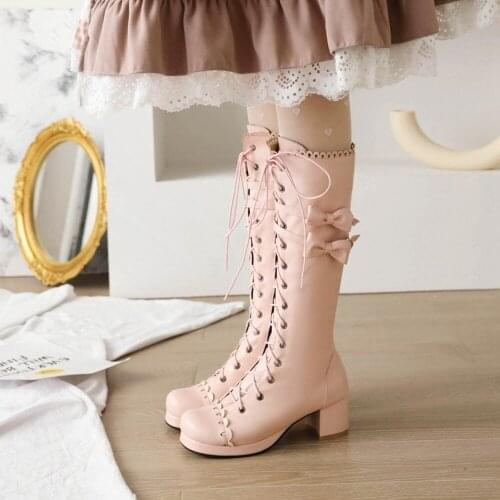 Womens Platform Knee Thigh Boots Block Heel BowKnot Heart Lace Up Lolita Sweet Shoes Warm Winter Plus Size Pink Black New 2022