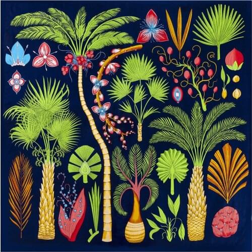 Handf Rolled Twill Silk Scar for Women 2021Fashion new Palm Iron Tree Print 130*130cm Twill Silk Square Scarf Ladies Shawl Scarf