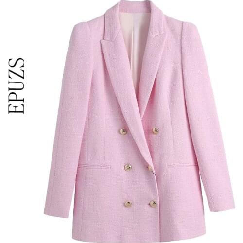 ZA 2021 Double Breasted Tweed jacket women Vintage Long Sleeve office suit coat casual blazer mujer