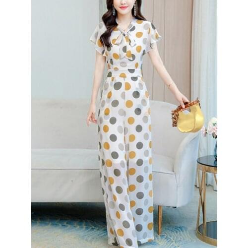 Vintage Polka Dot Jumpsuit Women Short Sleeve Overalls Summer Office Lady Casual Long Jumpsuit Romper