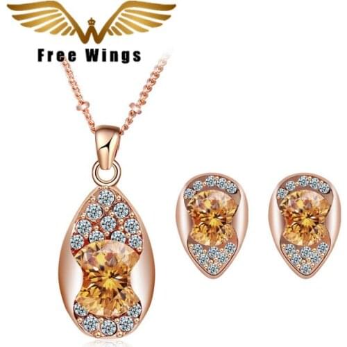 Crystal Gold Cubic Zirconia Jewelry Sets For Women Ladies Necklace And Earring Sets Bridal Wedding Accessories 2017 8D8