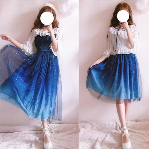 Stary Sky Gradient Blue Womens Summer Suspender Dress Double Layer Veil Fairy Kei Lolita Dress Inner White Shirt LXC004