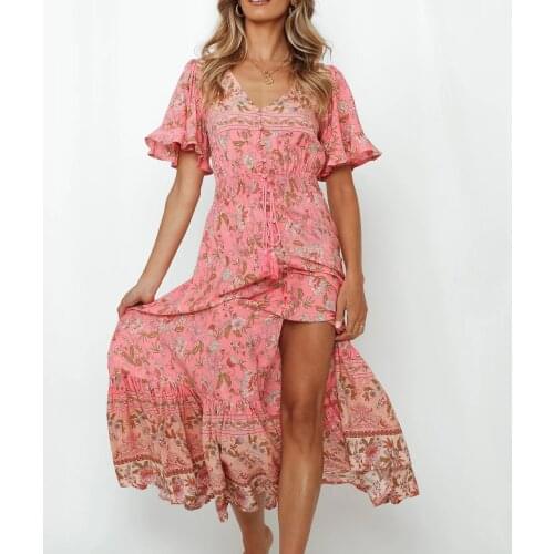 Happie Queens women floral print v-neck beach Bohemian maxi dress Ladies cotton Boho pleated dress vestidos