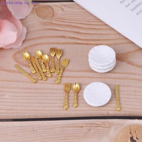 12Pcs Ceramic Plate Knife Fork Spoon Tableware Kitchen Food Furniture Toys For 1:12 Dollhouse Miniature Accessories