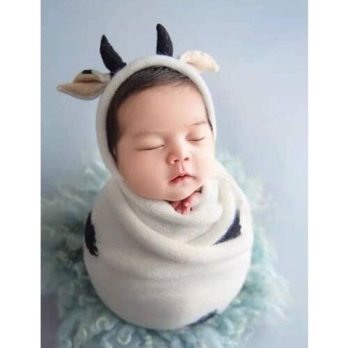 2 Pcs Infants Mink Fur Cute Cow Ear Hat Wrap Set Baby Blanket Beanie Cap Kit Newborn Photography Props Photo Shooting