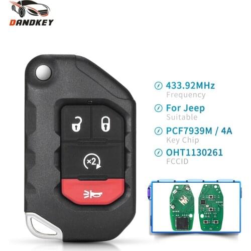 Dandkey Flip Car Remote Control Key For Jeep Wrangler 2018 2019 2020 OHT1130261 4A Chip PCF7939M 433MHz Keyless Promixity Card