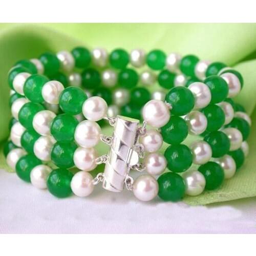Classical Genuine Pearl Jewelry 4Strands 8 Inches 7-8mm Green Ja-de White Freshwater Pearl Bracelet