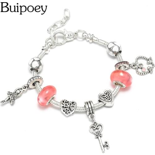 Buipoey Noble Key Charm Bracelets For Women girls Original Pink Crystal Concentric Birdie Ballet Charm Bangle Children Jewelry