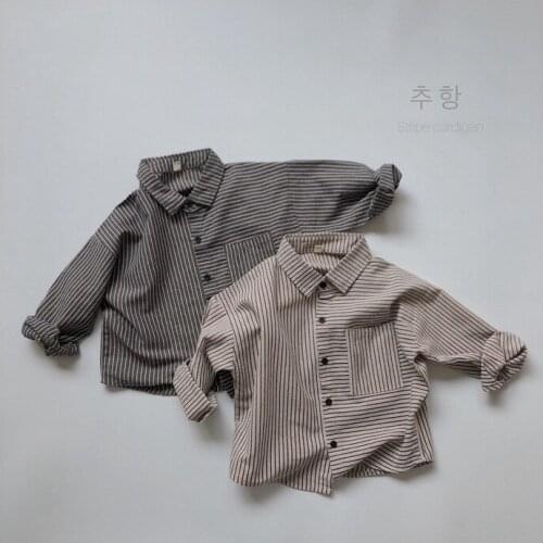 Childrens Korean striped shirt autumn and winter new boys' and girls' Cotton hemp leisure long sleeve shirt coat Mori
