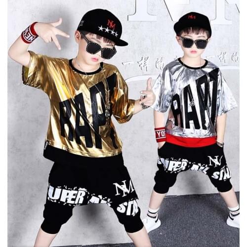 Children Jazz Hip Hop Street Dance Costumes For Girs Boys Bling Gold Silver 2 Pcs Suits Outfits vetement garcon 6 8 10 12 14 Yrs
