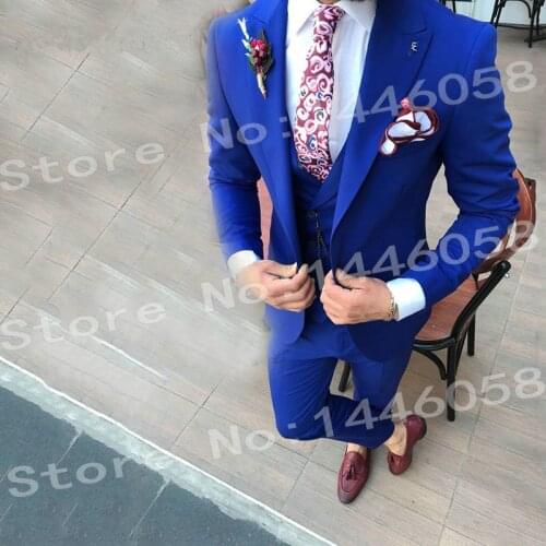 Elegant Designs 2018 Casual Business Royal Blue Groom Suits 3 pieces Men Tuxedos Slim fit Peaked lapel Groomsman Wedding Suits