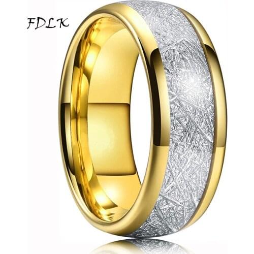 FDLK NEW 8mm Mens Vintage Gold Color Stainless Steel Ring Sticker Inlaid Dome Engagement Ring For Men Wedding Band Size 6-13