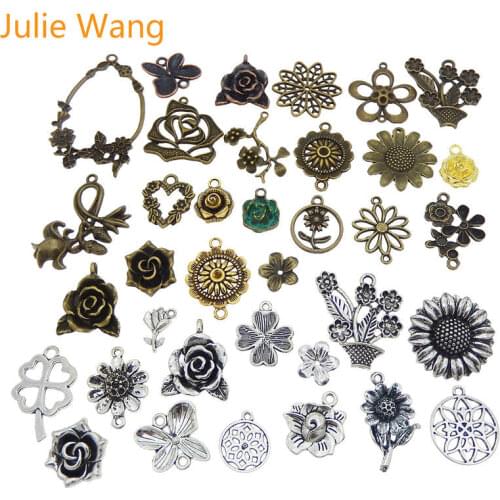 Julie Wang 10PCS Randomly Send Flowers Charms Rose Sunflower Antique Color Necklace Bracelet Jewelry Making Accessory