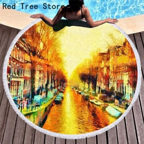 Watercolor Landscape 3D Printing Round Beach Towel Microfiber Fabric Bath Towels Yoga Mat Blanket Cover With Tassel Drop Shiping
