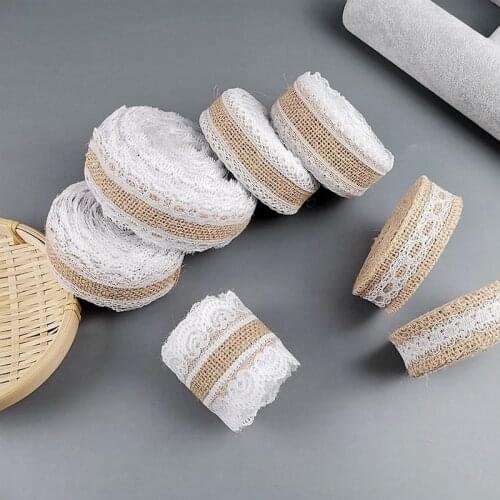 2m Natural Jute Burlap Lace Ribbon with white lace Trim Edge DIY handmade Christmas retro wedding craft ornaments Sewing Ribbon