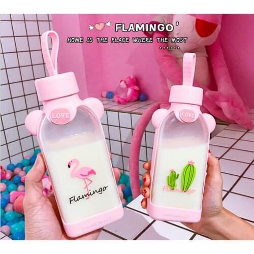 Summer Hawaii Flamingo Cactus 18cm 350ML Glass Bottle Handle Pink Drinking Portable Cup Kids Birthday Festival Party Favor