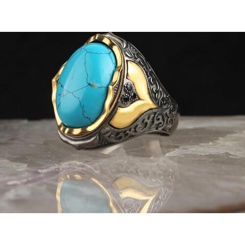 Lapping Plated Turquoise Gemstone Mens Silver Ring