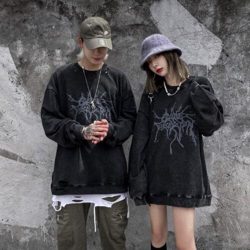 2021 Retro Washed Worn Hole Round Neck Pullover Sweater Mens Hipster Ins Hip-hop Loose Trend Top Couple Hoodies Sweatshirts
