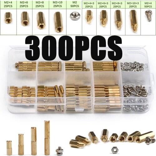 300Pcs M2 Brass Copper Female/Male Spacing Screws Pillar Stand Off Hex Column Spacer Screw Nut Fastener Tool