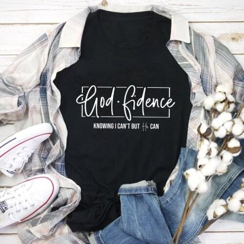 God Fidence Knowing I Can't But He Can T-shirt Casual Summer Short Sleeve Faith Christian Top Tee Women Religious Church Tshirt