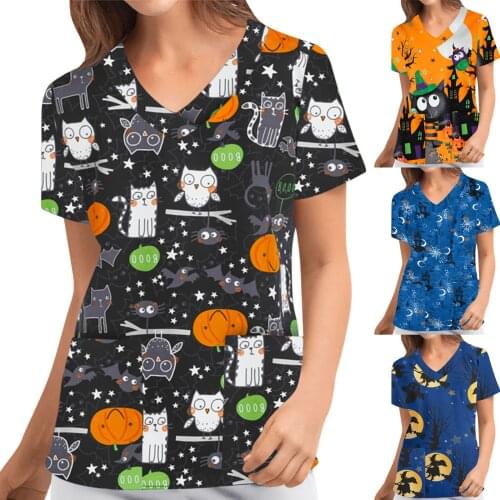 2021 Halloween Clinical Uniforms Woman Short Sleeve V-neck Tops Working Uniform Blouse Oversized Cute uniforme enfermera mujer