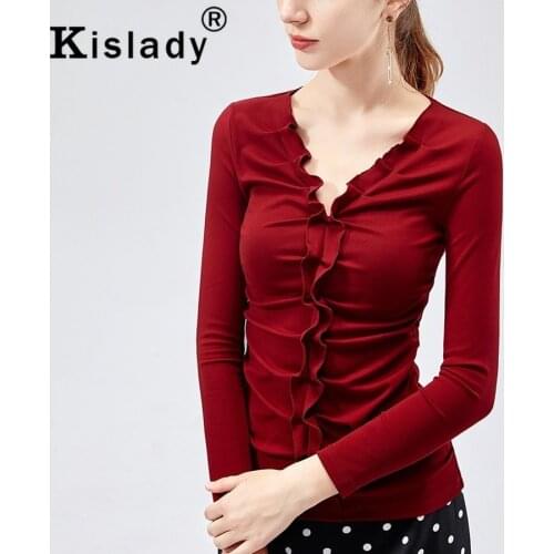 2020 Autumn Womens Vintage Ruffles Pleated Design Red Black Shirts Sexy V-neck Long Sleeve OL Gothic Tops Plus Size XXXL Shirt
