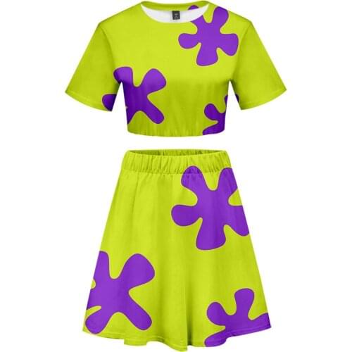 3D Anime Patrick Star Pop Summer Soft Short Skirt And T-shirt Fashion Women Two Piece Sets Cool Print Crop Top Tracksuit Clothes