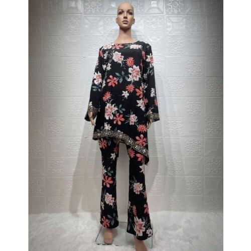 Dubai Indonesia Casual Suit Musulman Tops+Trousers Muslim Sets Printed Long Sleeve Two Piece Set Women 2021 Summer New Style XXL