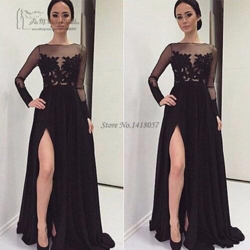 Vestido de Festa Longo Black Long Sleeve Evening Dress Formal Gown Split Front Lace Prom Dresses 2017 See Through Robe de Soiree
