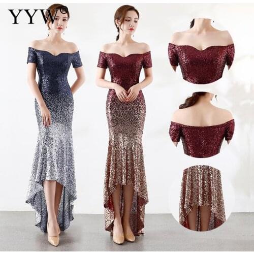 Red & Gold Sequined Luxurt Women Evening Dress Sexy Off Shoulder Gradient Sequin Mermaid Long Party Dress Bodycon Club Vestidos