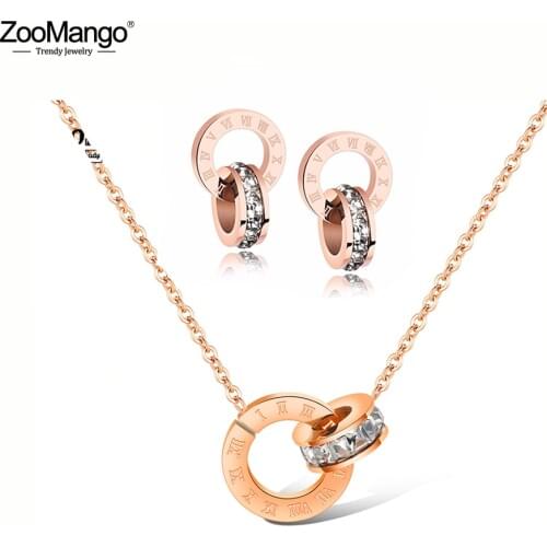 ZooMango Mosaic CZ Crystal Double Circle Pendant Necklace & Stud Earrings Stainless Steel Wedding Jewelry Sets For Women ZSE002