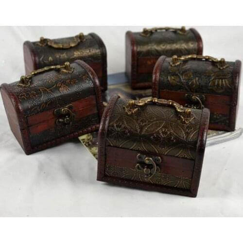 1 antique Vintage Wooden Treasure Chest Box Craved photography prop jewelry Storage Organizer with Lock gift box -12cm