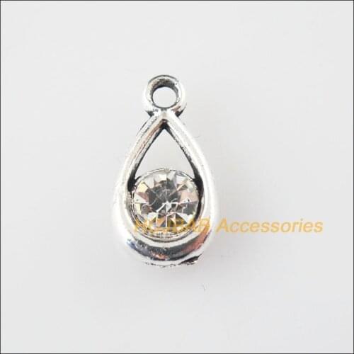 20Pcs Tibetan Silver Color Clear Crystal Teardrop Charms Pendants 9.5x17.5mm