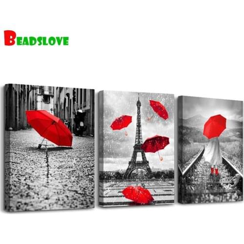 3 Piece Black White Red Umbrella Girl Diamond embroidery Diamond Painting Mosaic Triptych 5d Picture Landscape Art Decor Home